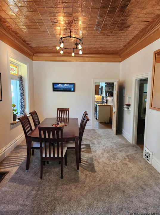 Copper-tiled ceiling, dining room
